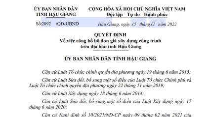 Hậu Giang: Quyết định 2092/QĐ-UBND Công bố Bộ đơn giá xây dựng mới năm 2022