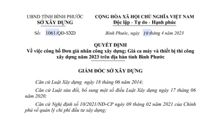 Bình Phước: Công bố Đơn giá nhân công, giá ca máy và thiết bị thi công xây dựng năm 2023